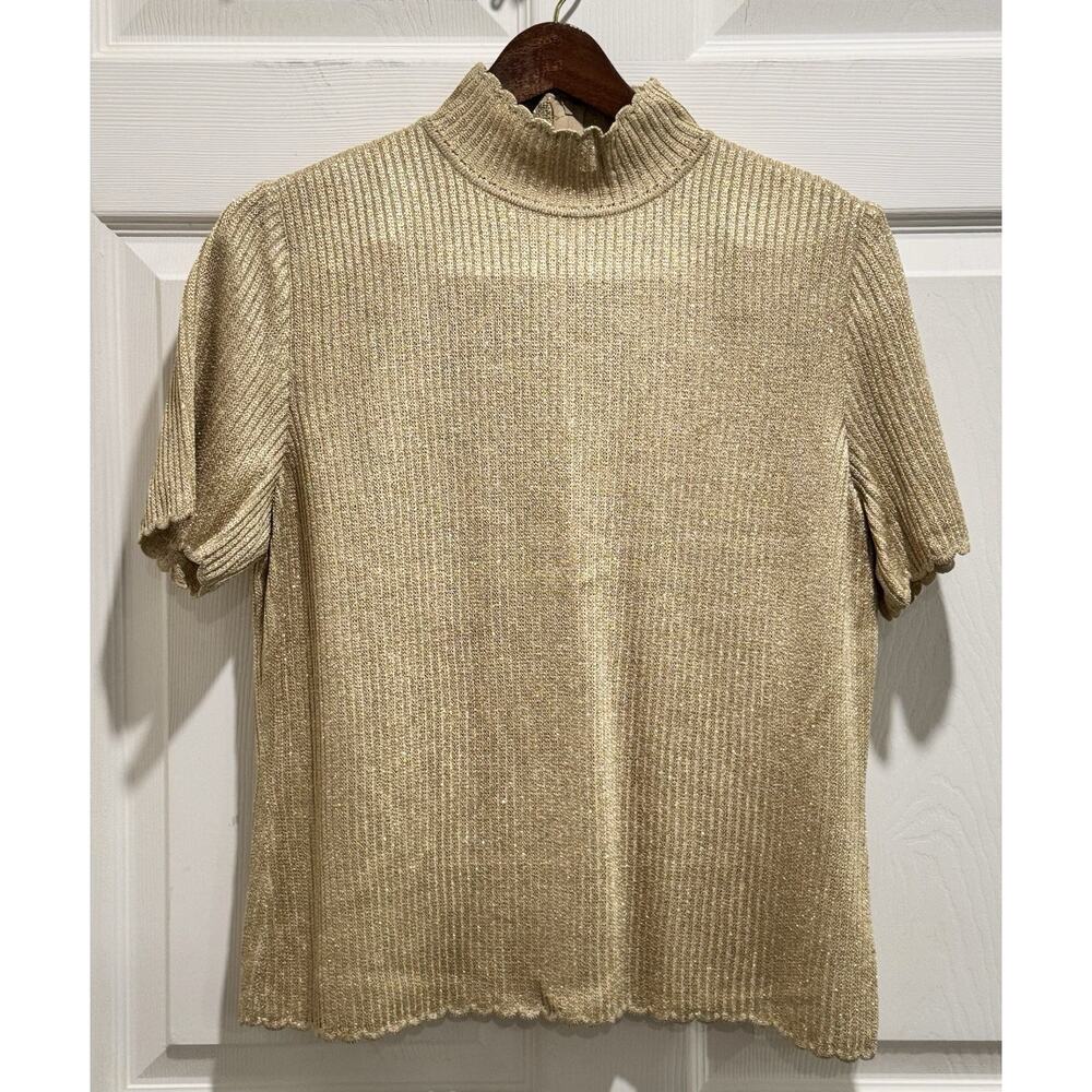 St John Basics Gold Metallic Knit Short Sleeve Scallop Mock Neck Sweater Sz S